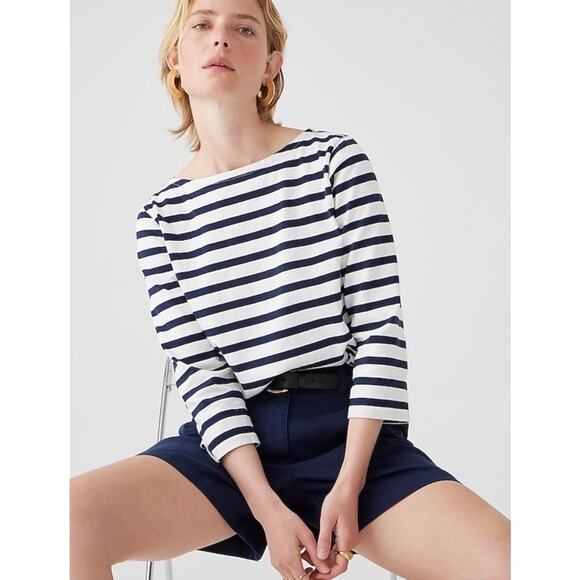 J. Crew Tops - J. Crew Classic Fit 100% Cotton Boatneck Striped T-Shirt White Navy Size Medium